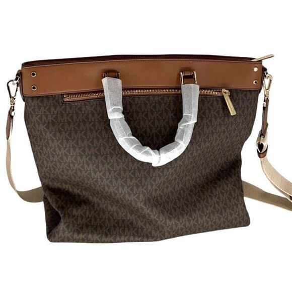NWT Michael Kors Womens Large Brown Jet Set Monogram Travel Tote Purse Handbag - Picture 3 of 8
